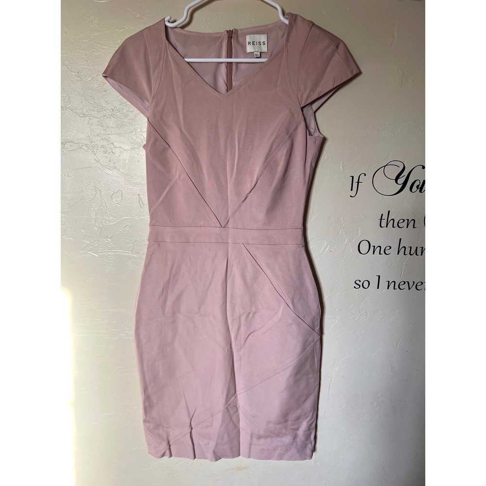 REISS Blush Pink Cap Sleeve V Neck Sheath Dress US 2 UK 6 barbie chic preppy
